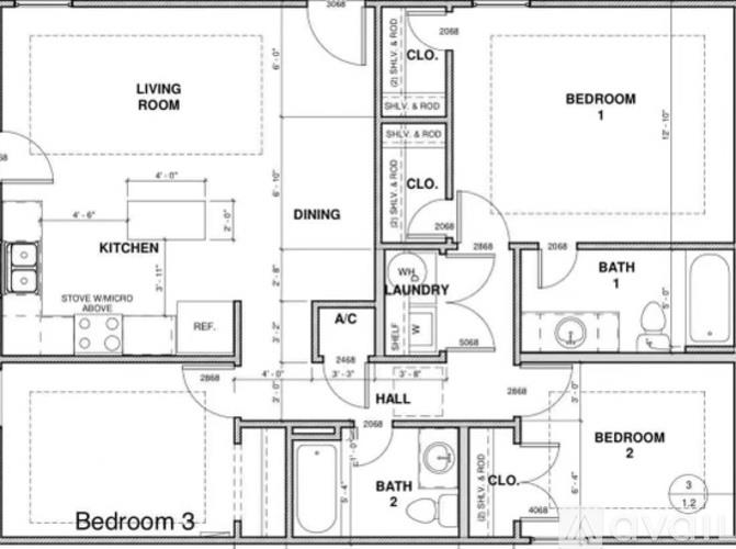 A floor plan of a house with three bedrooms, a living room, a kitchen, a dining room, a bathroom, and a laundry room.
