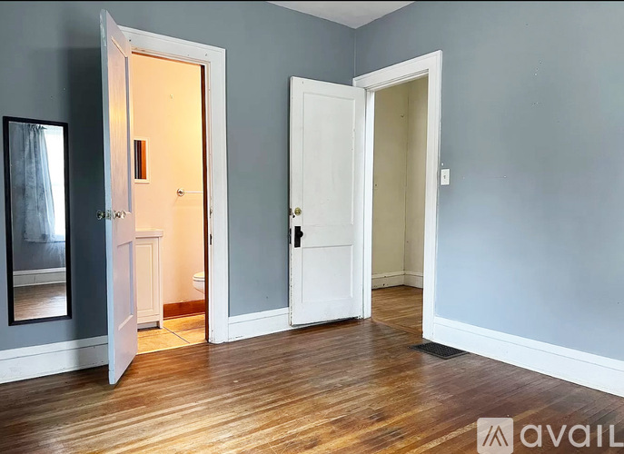 A room with two doors, one open, and a wooden floor.