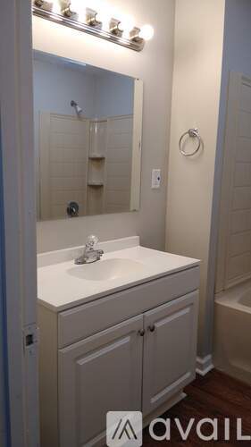 A bathroom with a sink and a mirror.
