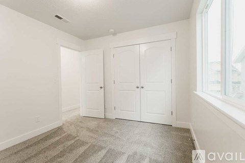 A room with two white doors and a carpeted floor.