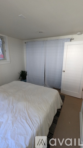 A bedroom with a white bed and a small plant.
