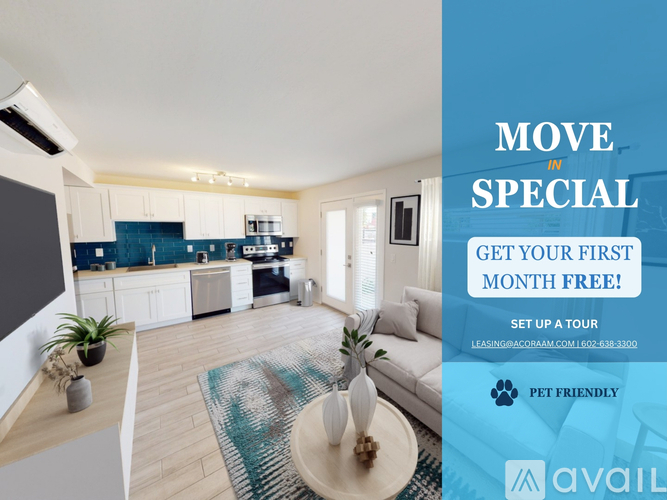 A modern living room with a kitchen in the background and a sign offering a free first month of rent.