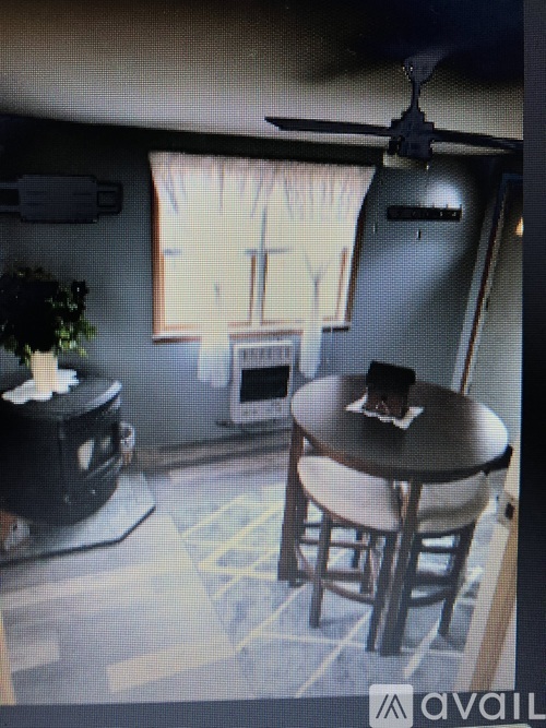 A black table with a white plate on it sits in front of a window.