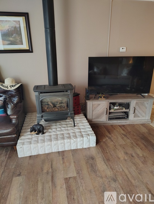 A wood stove is on a white mattress in a living room.