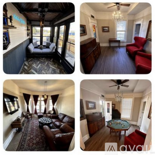 Four images of a living room with different furniture arrangements.