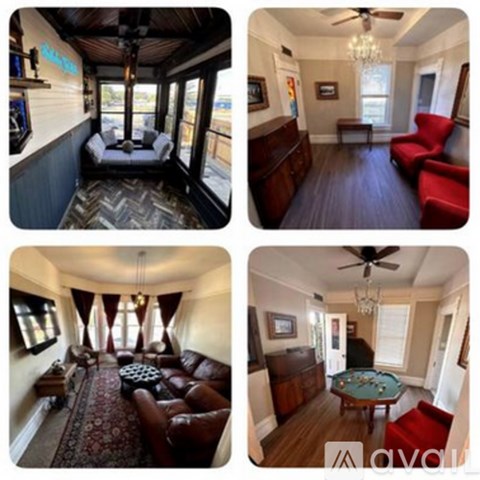 Four images of a living room with different furniture arrangements.