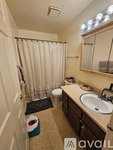 A bathroom with a toilet, sink, and shower curtain.
