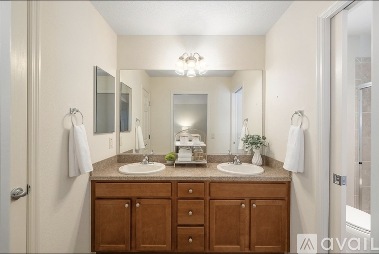 A bathroom with two sinks and a large mirror.