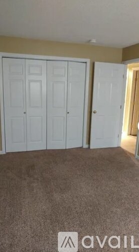 A room with two white closet doors and a carpeted floor.