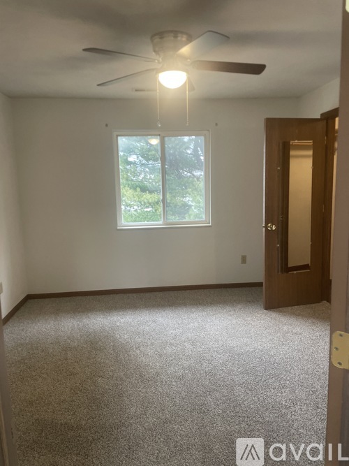 A room with a carpeted floor, a ceiling fan, and a window with a view of trees outside.