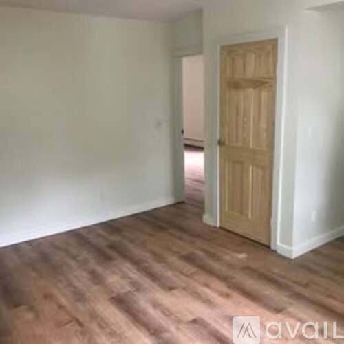 A room with a wooden floor and a closed door.