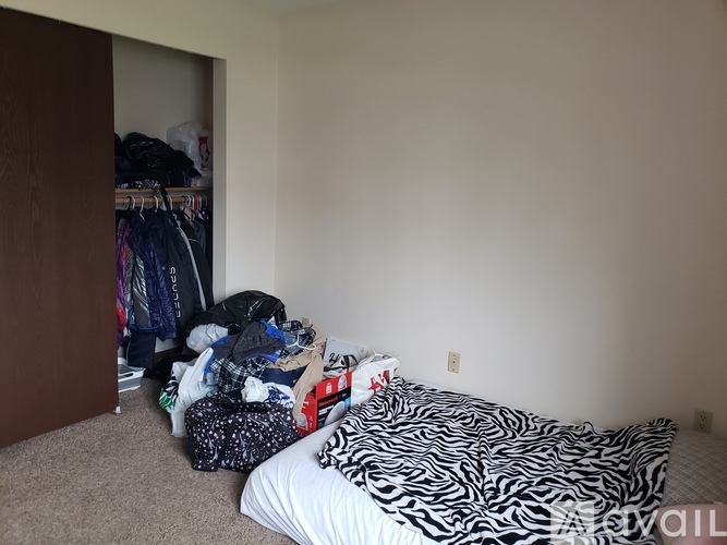 A bedroom with a bed and a closet full of clothes.