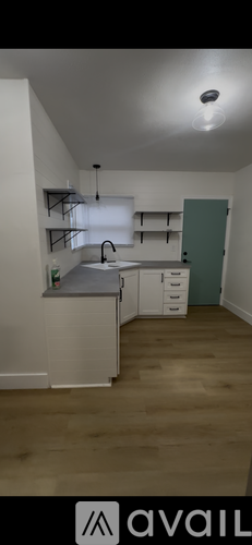 A kitchen with a sink, counter, and cabinets.
