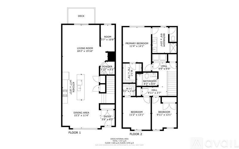 A floor plan of a two-story house with a living room, two bedrooms, a dining area, a powder room, and a bathroom.