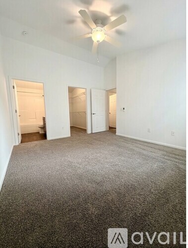 A carpeted room with a ceiling fan and two doors.