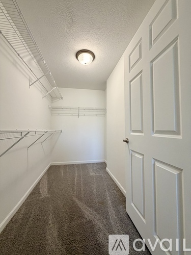 A white door is on the right side of a hallway with a carpeted floor.