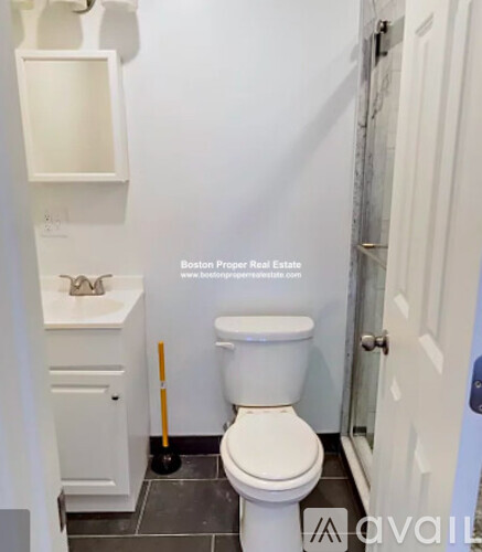 A white toilet in a small bathroom with a white cabinet and a black plunger.
