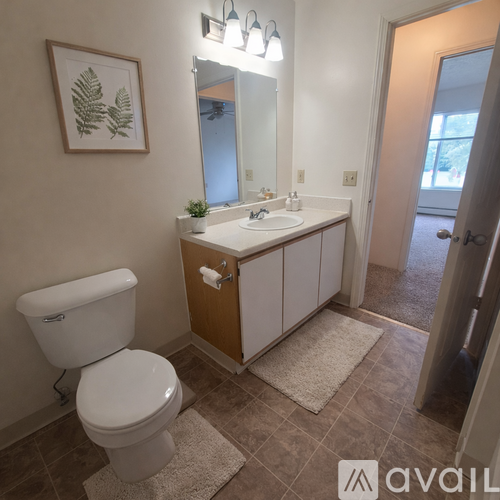 A bathroom with a toilet, sink, and mirror.