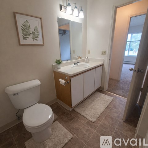 A bathroom with a toilet, sink, and mirror.