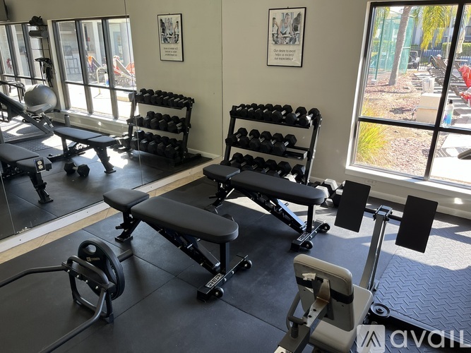 A gym with a variety of equipment including weights and a bench.