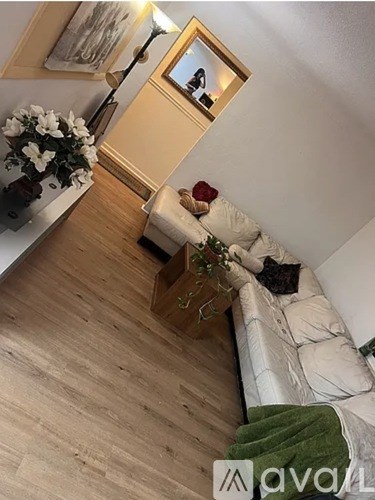 A living room with a white couch and a green blanket.
