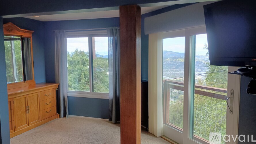 A room with a view of the trees outside the window.