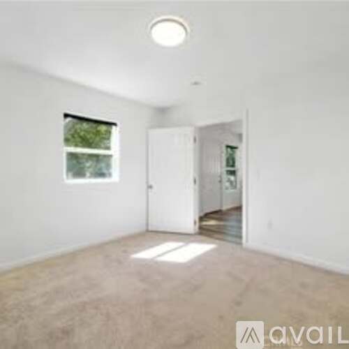 A room with a white door and a window with a view of trees outside.