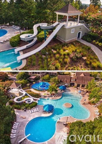 A large outdoor swimming pool with a slide and a gazebo.