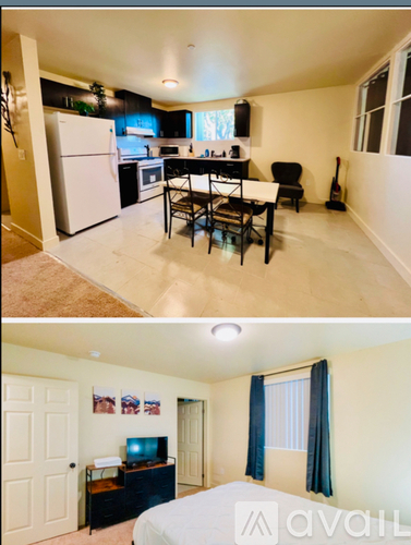 A kitchen and living room with a bedroom in the lower image.