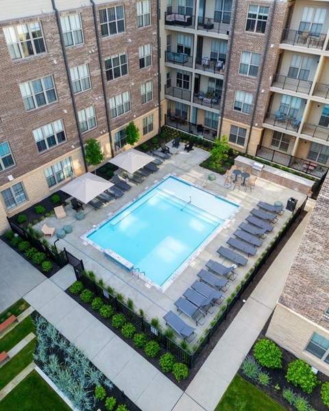 A swimming pool surrounded by a black fence and umbrellas.