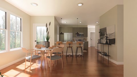 A dining room with a table set for six.