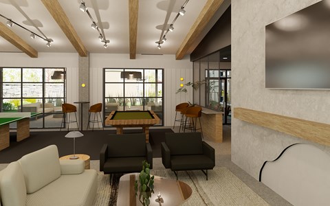 A modern living room with a pool table and a bar area.