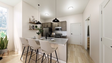 A modern kitchen with white chairs and a white table.