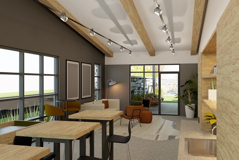 A modern office space with wooden tables and chairs, large windows, and a view of the outdoors.
