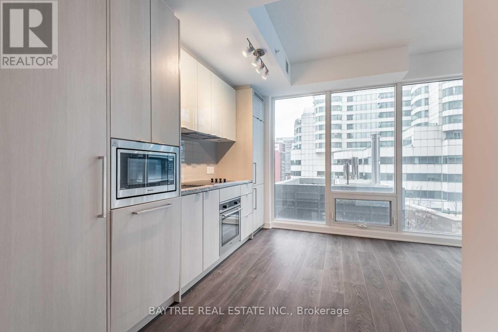 A modern kitchen with a view of the city.