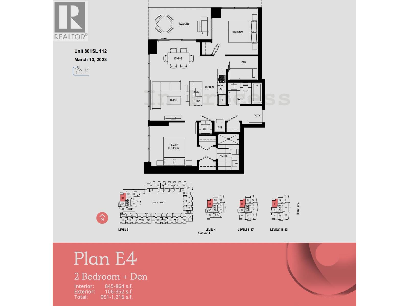A floor plan for a 2 Bedroom + Den apartment with interior and exterior measurements.