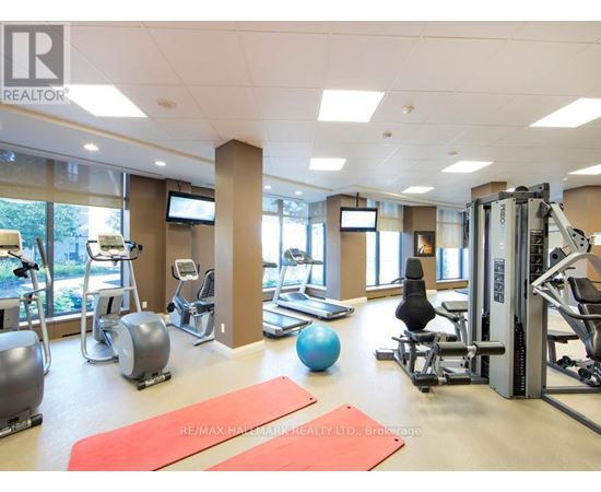 A gym with a variety of equipment including treadmills, weights, and exercise balls.