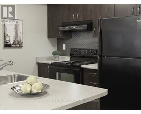 A kitchen with a black refrigerator and a sink with a bowl of onions on the counter.