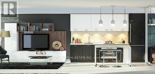 A modern living room with a television and a bar area.