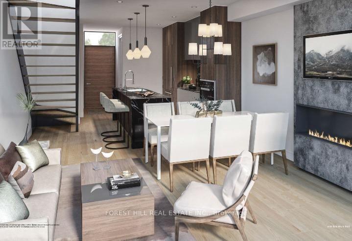 A modern living room with a fireplace and a dining area.
