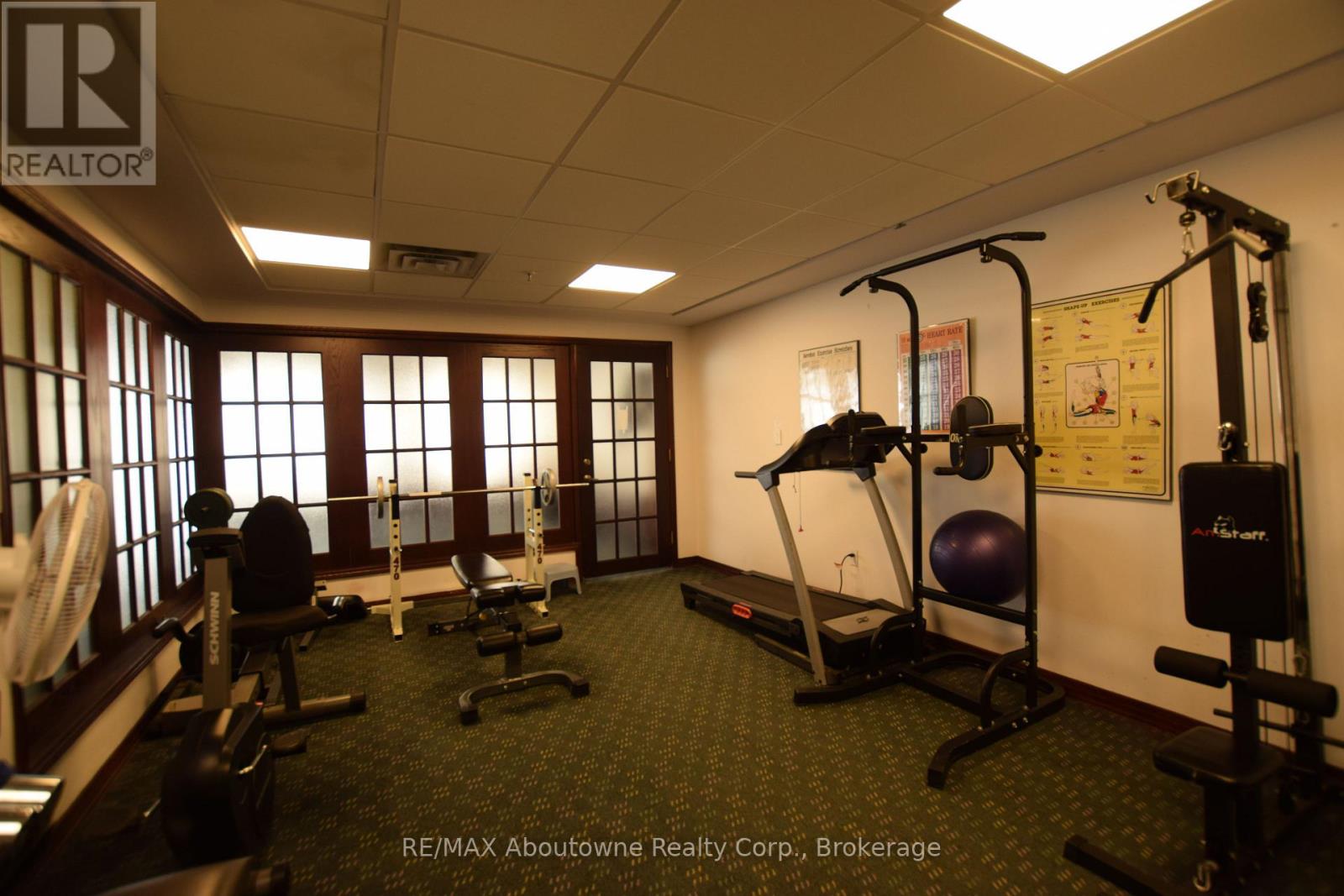 A gym room with a variety of equipment including a treadmill, weights, and a bench press.