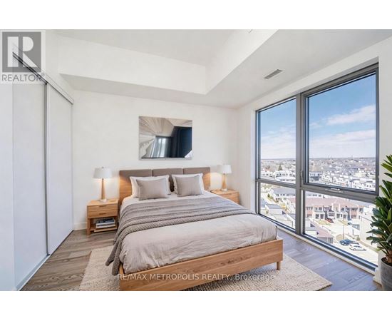 A bedroom with a large bed and a view of the city.