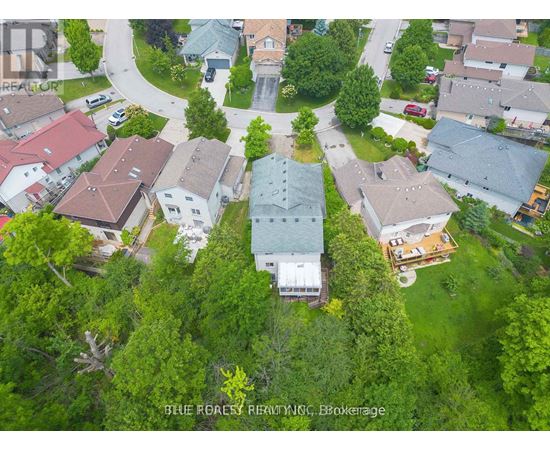 A bird's eye view of a residential area with houses and trees.