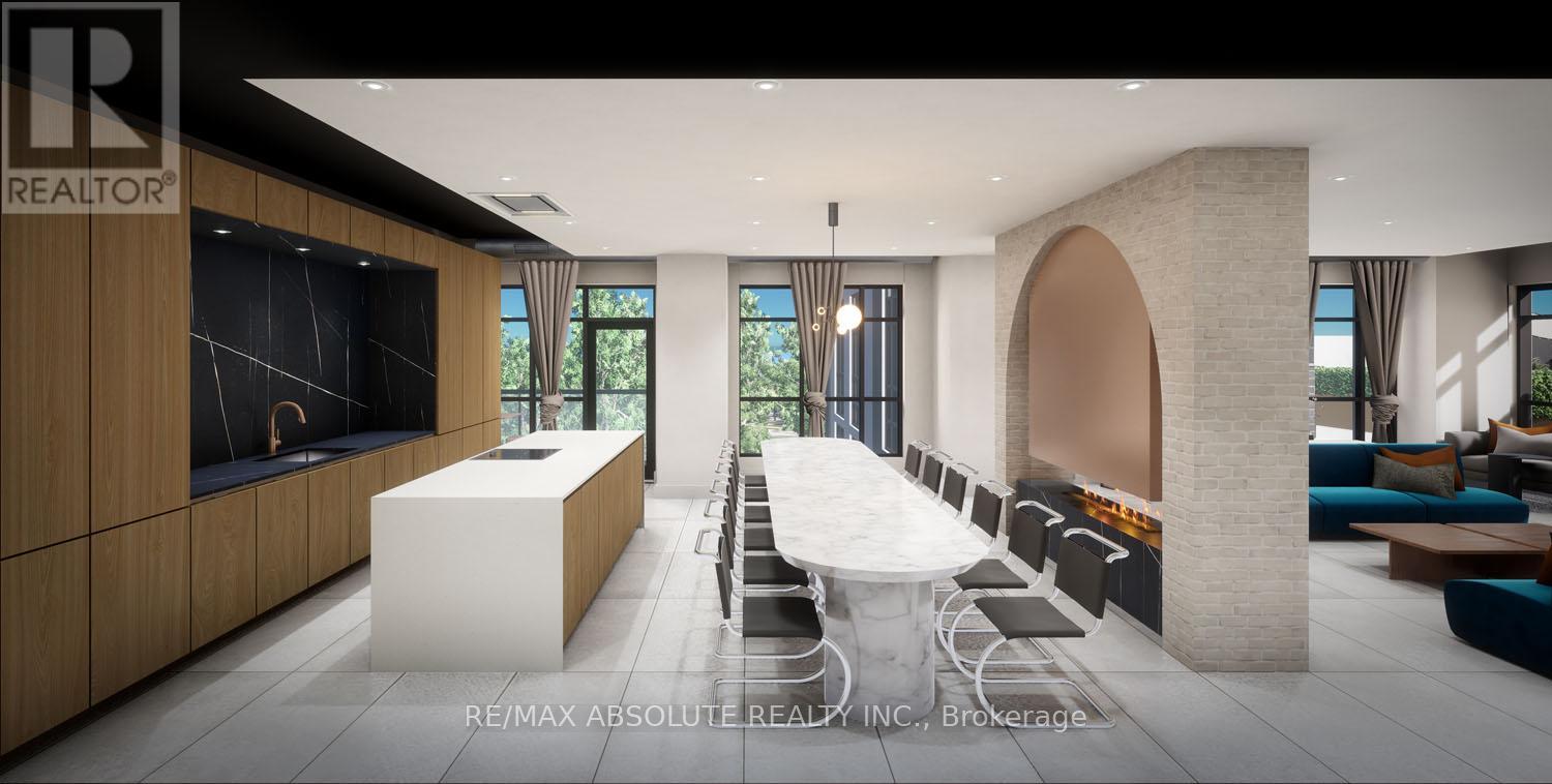 A modern dining room with a long table and chairs.