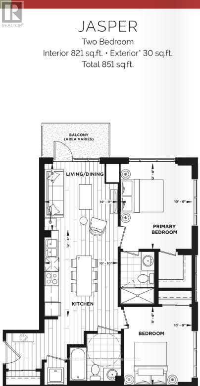 A floor plan for a two bedroom apartment measuring 821 sq ft.