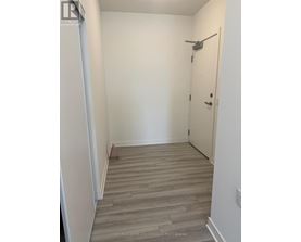 A hallway with a wooden floor and a white door.