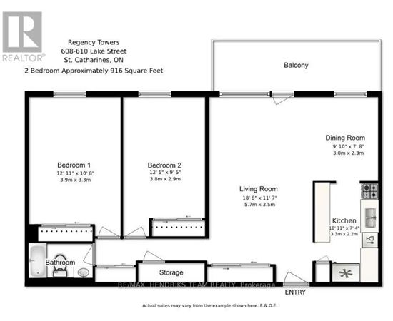 A floor plan for a two bedroom apartment at Regency Towers.