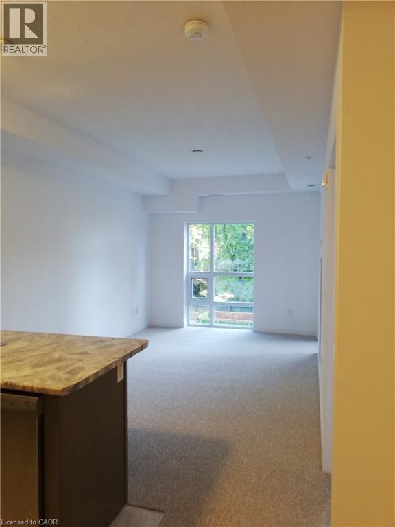 A room with a carpet floor and a wooden counter top.