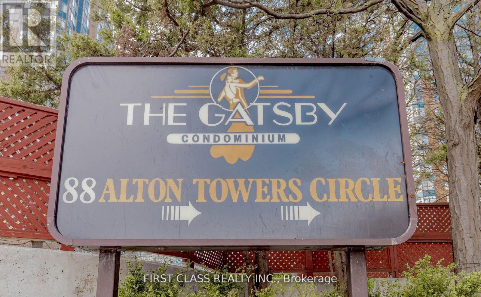 A sign for The Gatsby Condominium at 88 Alton Towers Circle.