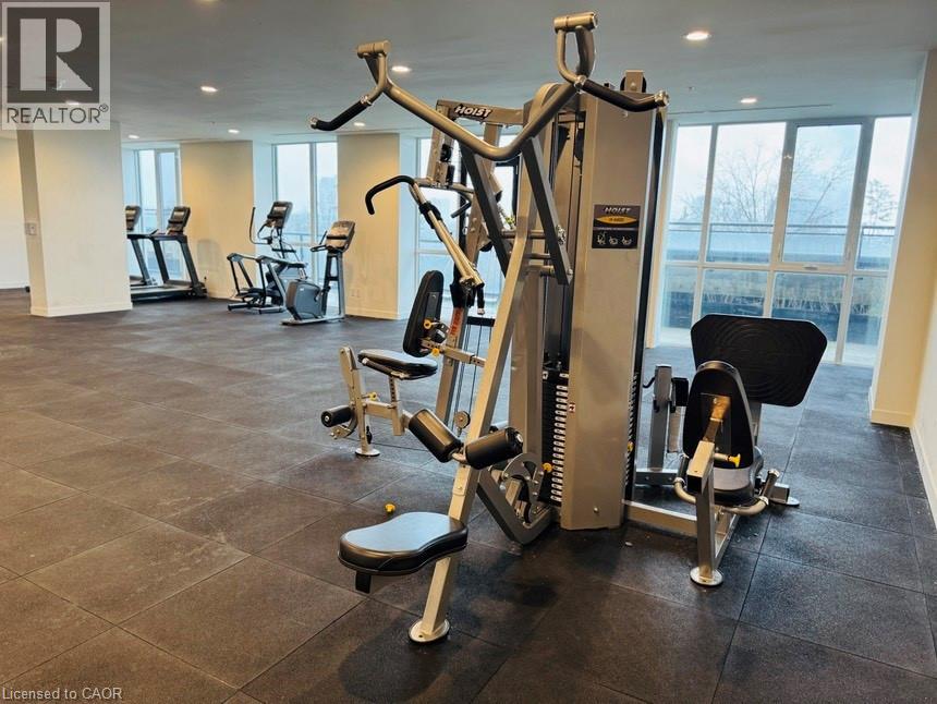A gym with a variety of equipment including treadmills, stationary bikes, and weight machines.